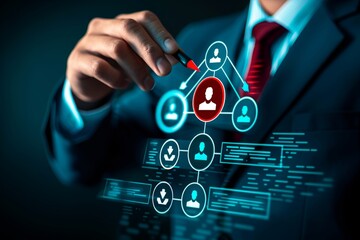 Aufkleber - Businessman selecting a node in a digital organizational chart, highlighting corporate structure and management hierarchy in a high-tech setting, Generative AI
