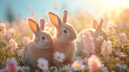 Cute rabbits among the meadows on a sunny day