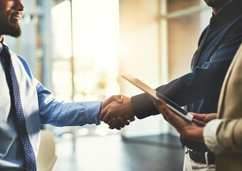 Aufkleber - Startup, handshake and meeting for b2b deal, discussion and business with digital tablet contract. Office, workers or employees with teamwork or collaboration in workplace for finance or accounting