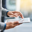 © Chithambo/peopleimages.com - Businessman, hands and browsing with tablet for research, website or reading news at office. Closeup of man or employee scrolling on technology for job search, feedback or online app at workplace
