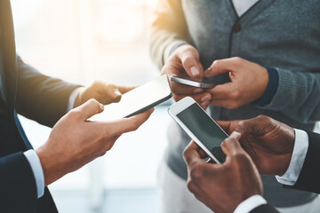 Poster - Business people, hands and typing with phone for communication, social media or data sync at office. Closeup of employees texting, browsing or chatting on mobile smartphone or networking at workplace