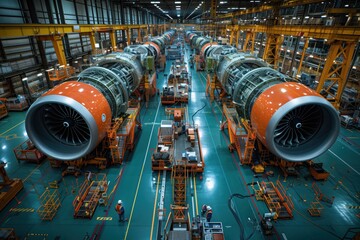 jet engines in manufacturing plant. rows of jet engines being assembled in a large manufacturing pla