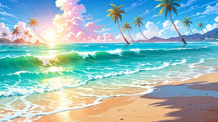 Beach landscape, ocean waves Anime style illustration, anime flat art, anime background