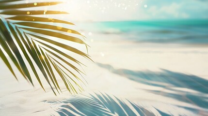 Poster - palm leaf shadow on abstract white sand beach background sun lights on water surface beautiful abstract background concept banner for summer vacation at the beach : Generative AI