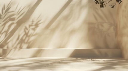 Poster - Minimalistic abstract gentle light beige background for product presentation with light andand intricate shadow from the window and vegetation on wall : Generative AI