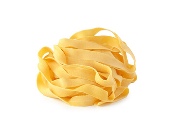 Tagliatelle pasta, not cooked, folded in a nest on a white background