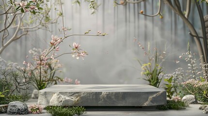 Poster - Front view of the stone podium showcases products in a garden with flowers plants and branches Empty platform : Generative AI