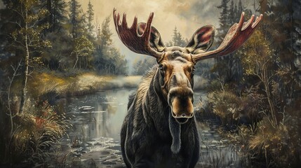 Unique moose featuring red ears, curious expression, set against a serene woodland setting, realistic details