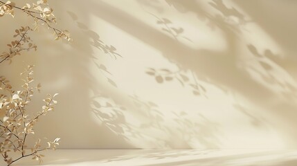 Poster - Minimalistic abstract gentle light beige background for product presentation with light andand intricate shadow from the window and vegetation on wall : Generative AI