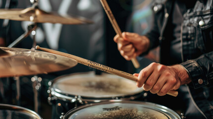 Canvas Print - Drummer’s Hands Using Sticks on Drum Kit