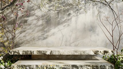 Poster - Front view of the stone podium showcases products in a garden with flowers plants and branches Empty platform : Generative AI
