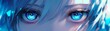 © Helfin - close-up illustration of shining blue eyes, anime style banner wallpaper background