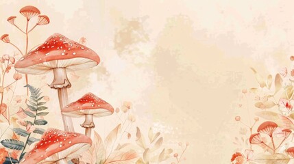 Mushroom illustration with magical botanical background and copy space for text cartoon style.