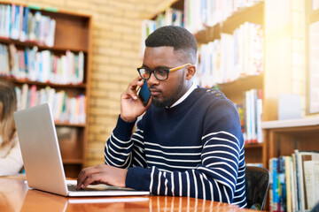 Poster - Library, internet and black man with phone call by laptop for communication, information or planning. Campus, student and discussion with tech for education, college website or reading online results