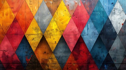 An abstract background with stencil art pentagons on a textured concrete wall, vivid colors, hd quality, digital art, high contrast, geometric design, urban aesthetic, artistic abstraction.