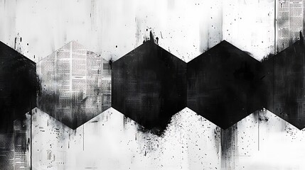 An abstract collage of hexagons with newspaper print, mixed font styles, black and white tones, hd quality, digital art, high contrast, geometric design, modern aesthetic, artistic abstraction.