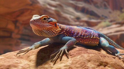 Wall Mural - Close-up of a colorful desert lizard sunbathing on a warm rock in a whimsical, animated style.