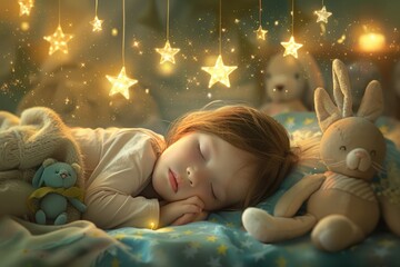 Children sleeping in bed with stars all over the sky