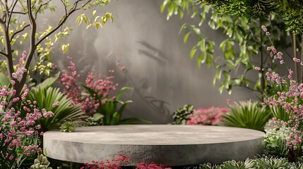 Poster - Front view of the stone podium showcases products in a garden with flowers plants and branches Empty platform : Generative AI