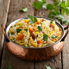 Wall Mural - Indian food veg biryani or veg pulav on rustic wooden background