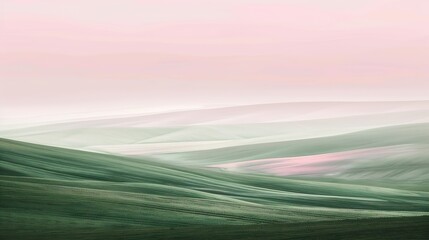 Poster - Soft abstract landscape of rolling hills with delicate green and pink hues evoking a serene pastoral scene : Generative AI