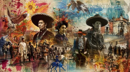 Wall Mural - Portraits and pivotal moments in a digital collage for Hispanic Heritage background