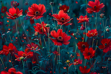 Wall Mural - Red cosmos flowers in the floral garden