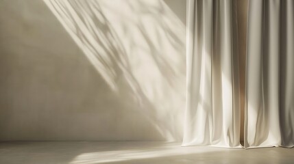 Poster - Minimalistic abstract gentle light beige background for product presentation with light and shadow of window curtains on wall : Generative AI