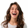 © bird_saranyoo - A beautiful young woman with a face full of excitement and happiness is smiling. white background.