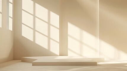 Poster - Empty Studio 3d exhibition background  pastel creamy beige stage with soft natural abstract diagonal window light and shadows Minimal architectural scene for product mock up Front view : Generative AI