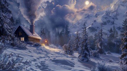 Smoke curls from cabin chimney in tranquil winter scene background