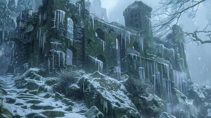 Wall Mural - Snow-buried ruins and icicles in a mystical winter setting background