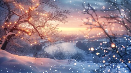 Wall Mural - Tranquil winter evening with snowfall and distant city lights background