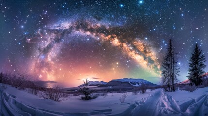 Northern Lights and Milky Way illuminate winter sky background