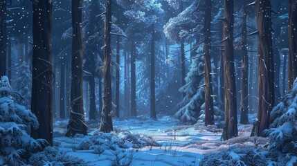 Wall Mural - Snow falls softly in tranquil winter forest scene background