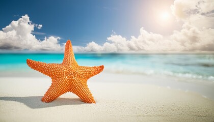 Wall Mural - A vibrant starfish resting on a sandy beach with turquoise water and a bright blue sky in the background. The serene setting is enhanced by the gentle waves and distant clouds.