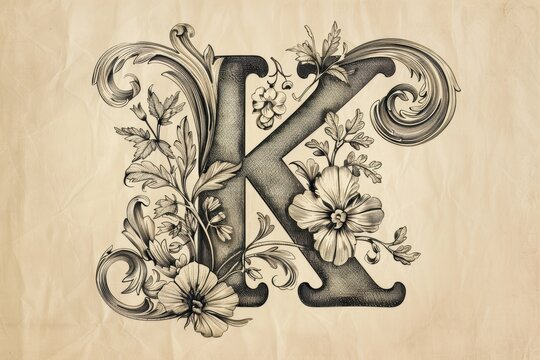 An elegant illustration of the letter K embellished with floral motifs or decorative flourishes ideal for wedding invitations or feminine-themed designs.