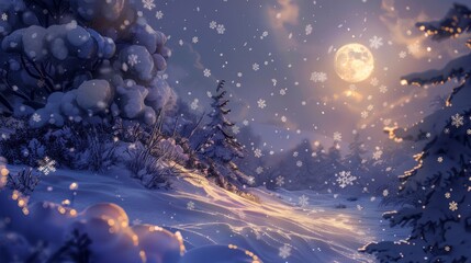 Wall Mural - Pristine snow and moonlit glow create dreamy winter background