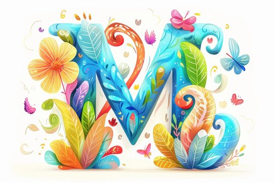 A playful illustration of the letter M designed with whimsical elements and bright colors perfect for projects aimed at children or those needing a fun lively look.