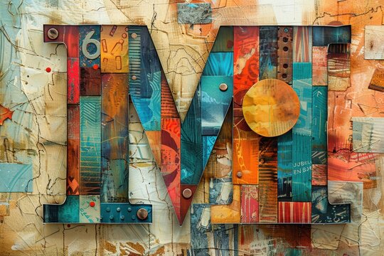 An artistic collage illustration of the letter M composed of various textures and materials creating a tactile and visually interesting piece.