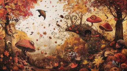 Wall Mural - Whimsical shapes frolic in vibrant autumn scene background