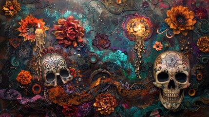 Wall Mural - Swirling colors and textures capture Day of the Dead symbolism background