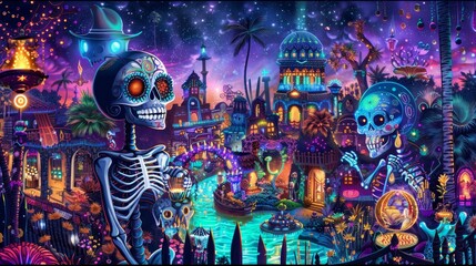 Wall Mural - Surreal Day of the Dead with dancing skeletons and vibrant colors background