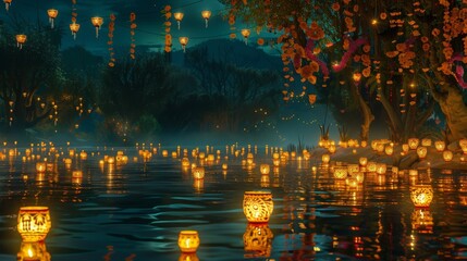 Wall Mural - Day of the Dead magic with reflections of candlelight on a lake papel picado rustling and mariachi music background