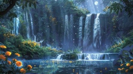 Wall Mural - Cascading waterfalls with delicate marigolds in soft moonlight background