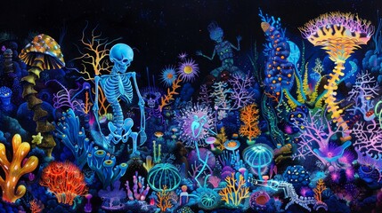 Wall Mural - Intricate skeletal patterns with abstract forms glowing in bioluminescent light background