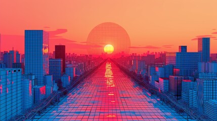 Wall Mural - A cityscape with tall buildings and a pink sky at sunset. The sun is setting over the city, casting a warm glow on the buildings.