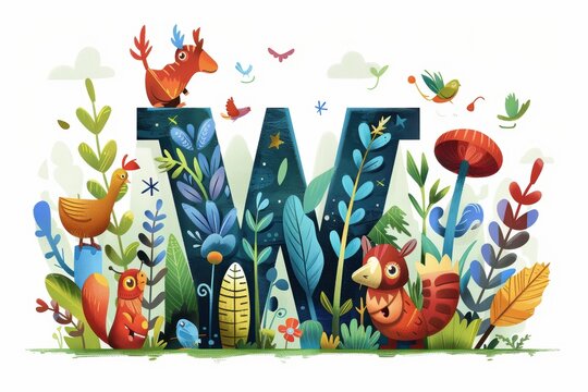 An imaginative illustration of the letter W surrounded by whimsical characters and elements adding a sense of fun and fantasy to the design. Ideal for children's books or playful branding projects.