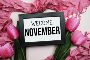 Wall Mural - Welcome November text message with pink tulip flower on pink background