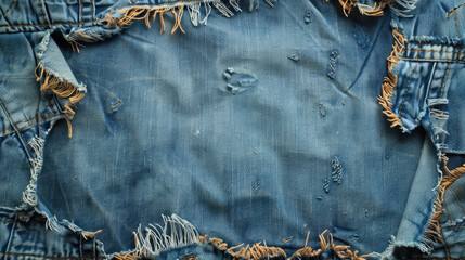 Textured Blue Denim Jeans Fabric Featuring Ripped and Distressed Details